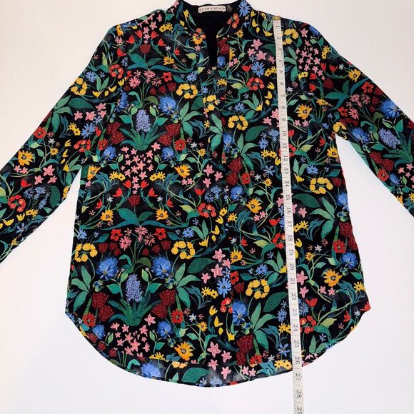 Alice + Olivia Eloise Silk Button Down Blouse Black Multi Color Floral Print  S - Picture 8 of 13